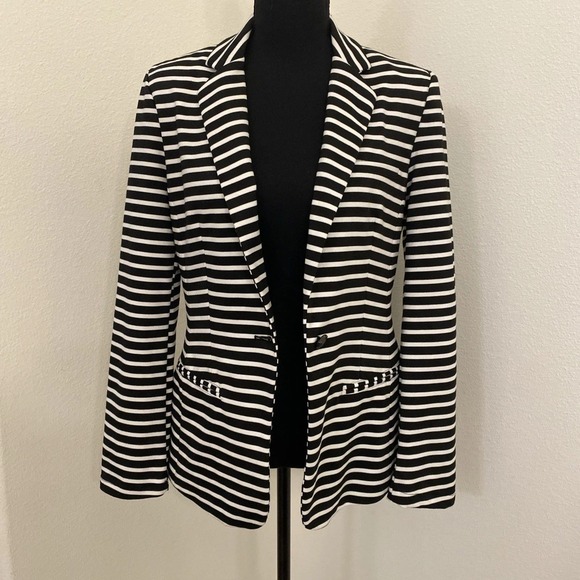 Mossimo Blazer M Womens Black White Striped Business Career Office Jacket Preppy - Picture 2 of 12